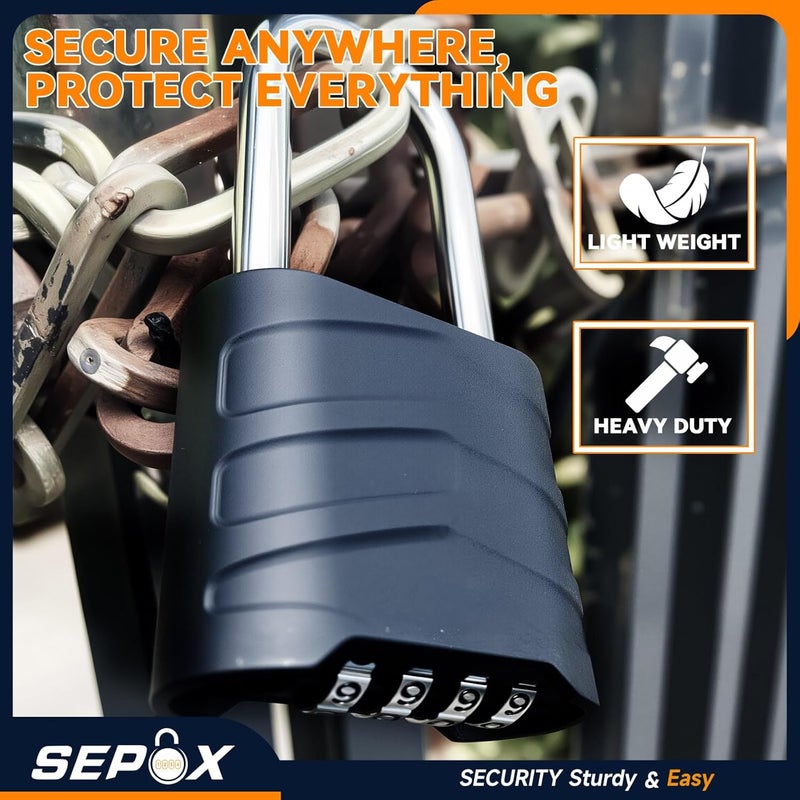 SEPOX 4PCS Large Combination Padlock, Long Shackle Outdoor Combo Lock 2.2" 55mm Heavy Duty Weatherproof, Ressetable 4Digital, Security Aluminum Body,Uncuttable Shackle, for Home, School, Gate, Garden - Image 5